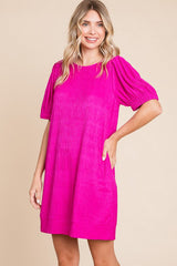 Fuchsia Textured Stripe Knit Short Puff Sleeve Dress