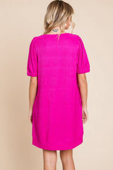 Fuchsia Textured Stripe Knit Short Puff Sleeve Dress