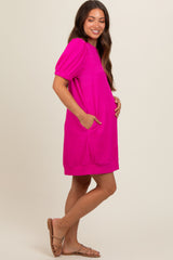 Fuchsia Textured Stripe Knit Short Puff Sleeve Maternity Dress