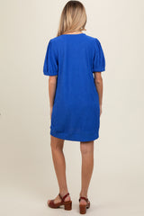 Royal Blue Textured Stripe Knit Short Puff Sleeve Maternity Dress