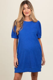 Royal Blue Textured Stripe Knit Short Puff Sleeve Maternity Dress