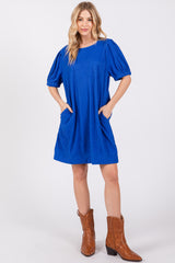 Royal Blue Textured Stripe Knit Short Puff Sleeve Dress