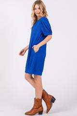 Royal Blue Textured Stripe Knit Short Puff Sleeve Dress