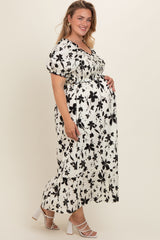 Cream Floral Puff Sleeve Maternity Plus Midi Dress