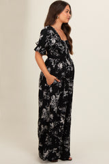 Black Floral Smocked Square Neck Wide Leg Maternity Jumpsuit