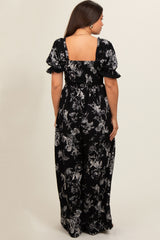 Black Floral Smocked Square Neck Wide Leg Maternity Jumpsuit