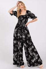 Black Floral Smocked Square Neck Wide Leg Maternity Jumpsuit