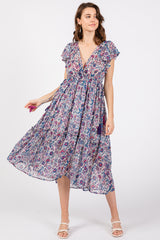 Blue Floral Chiffon Flutter Sleeve Ruffle Hem Maternity Midi Dress