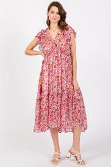 Pink Floral Chiffon Flutter Sleeve Ruffle Hem Maternity Midi Dress