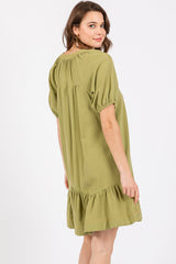 Light Olive Button Front Short Puff Sleeve Dress