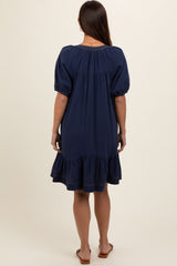 Navy Blue Button Front Short Puff Sleeve Maternity Dress