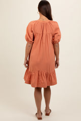 Peach Button Front Short Puff Sleeve Maternity Dress