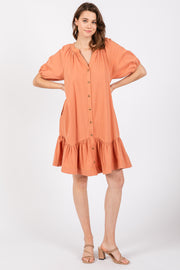 Peach Button Front Short Puff Sleeve Dress