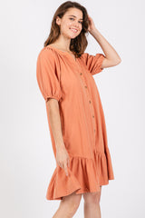 Peach Button Front Short Puff Sleeve Dress