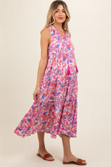 Magenta Floral Ruffle Mock Neck Tiered Sleeveless Maternity Midi Dress