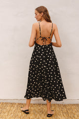 Black Polka Dot Lace Up Button Back Midi Dress