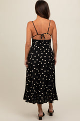 Black Polka Dot Lace Up Button Back Maternity Midi Dress