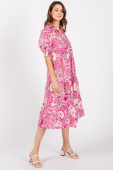 Magenta Floral Collared Tiered Midi Dress