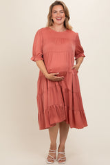 Salmon Satin Tiered Maternity Plus Dress