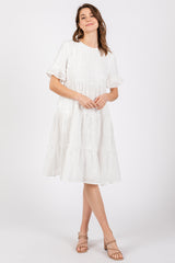 White Floral Embroidered Ruffle Short Sleeve Tiered Maternity Dress