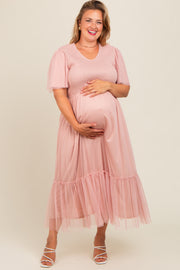 Light Pink Mesh Smocked Plus Maternity Midi Dress