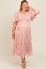 Light Pink Mesh Smocked Plus Maternity Midi Dress