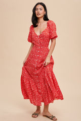 Cherry Red Floral Sweetheart Button Down Dress