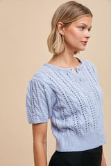 Powder Blue Cable Knit Puff Sleeve Cardigan