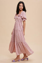 Dusty Rose Rosette Sweetheart Neck Floral Tiered Dress