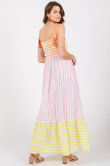 Multi-Color Striped Color Block Shoulder Tie Maxi Dress