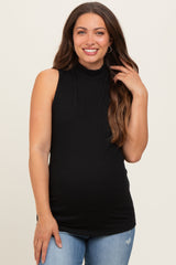 Black Ribbed Mock Neck Sleeveless Maternity Top