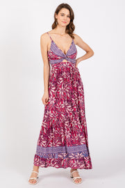 Purple Floral Strapless Front Tie Knot Maxi Dress