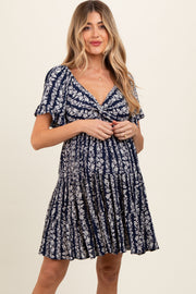 Navy Blue Floral Front Knot Twist Maternity Dress