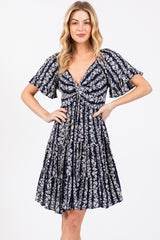 Navy Blue Floral Front Knot Twist Dress