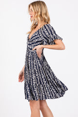 Navy Blue Floral Front Knot Twist Dress