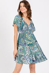 Aqua Floral Ruffle Sleeve Dress