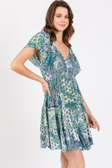 Aqua Floral Ruffle Sleeve Dress