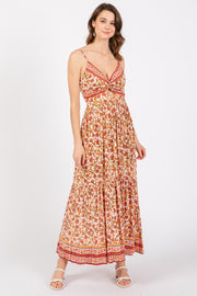 Red Floral Strapless Maxi Dress