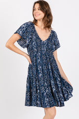 Navy Blue Patterned Smocked Front Dress