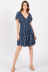 Navy Blue Patterned Smocked Front Dress