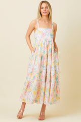 Multi-Color Floral Eyelet Square Neck Maternity Midi Dress