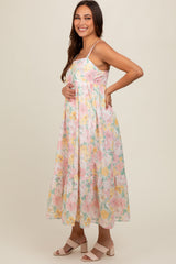 Multi-Color Floral Eyelet Square Neck Maternity Midi Dress