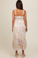 Multi-Color Floral Eyelet Square Neck Maternity Midi Dress