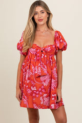 Rust Floral Knot Front Sweetheart Neck Short Puff Sleeve Maternity Dress