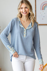 Light Blue Floral Accent Maternity Henley Top