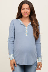 Light Blue Floral Accent Maternity Henley Top