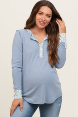 Light Blue Floral Accent Maternity Henley Top