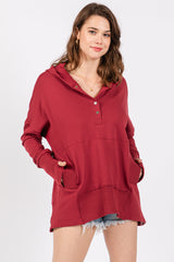 Red Button Front Ribbed Trim Hooded Sweatshirt