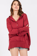 Red Button Front Ribbed Trim Hooded Sweatshirt