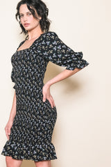 Black Floral Smocked Puff Sleeve Dress